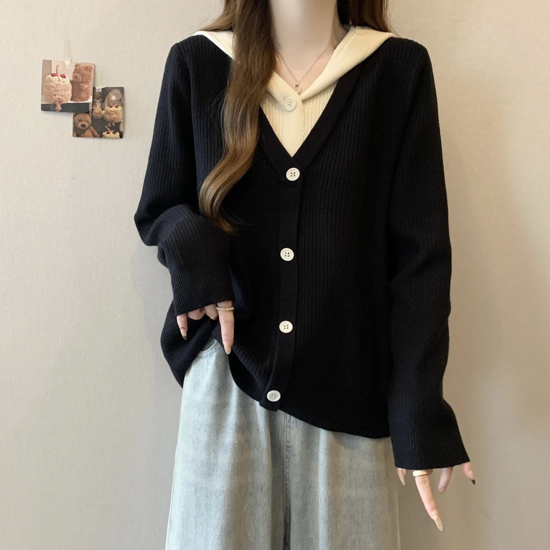 软糯撞色连帽毛衣女假两件秋冬新款大码休闲胖妹妹宽松针织衫上衣