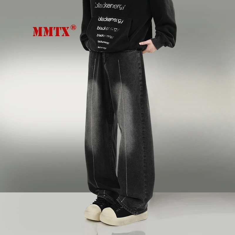 MMTX美式高街牛仔裤男秋季潮牌复古水洗重磅宽松直筒休闲黑色长裤