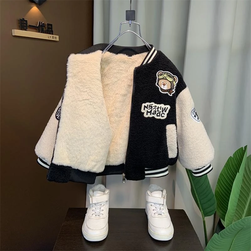 男童冬装加厚外套儿童棉服男宝宝冬季羊羔绒毛毛衣男孩痞帅棒球服