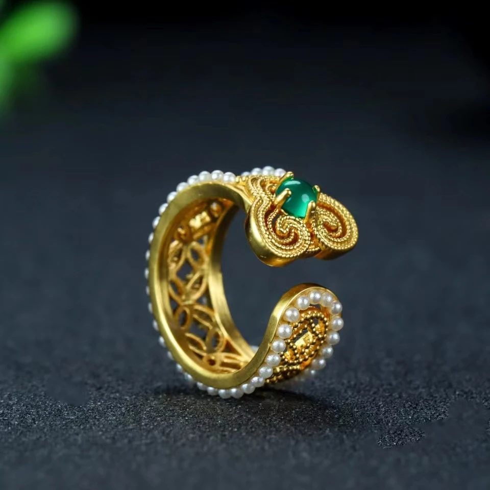 屿龙古法玉髓 掐丝工艺如意戒指1034玛瑙