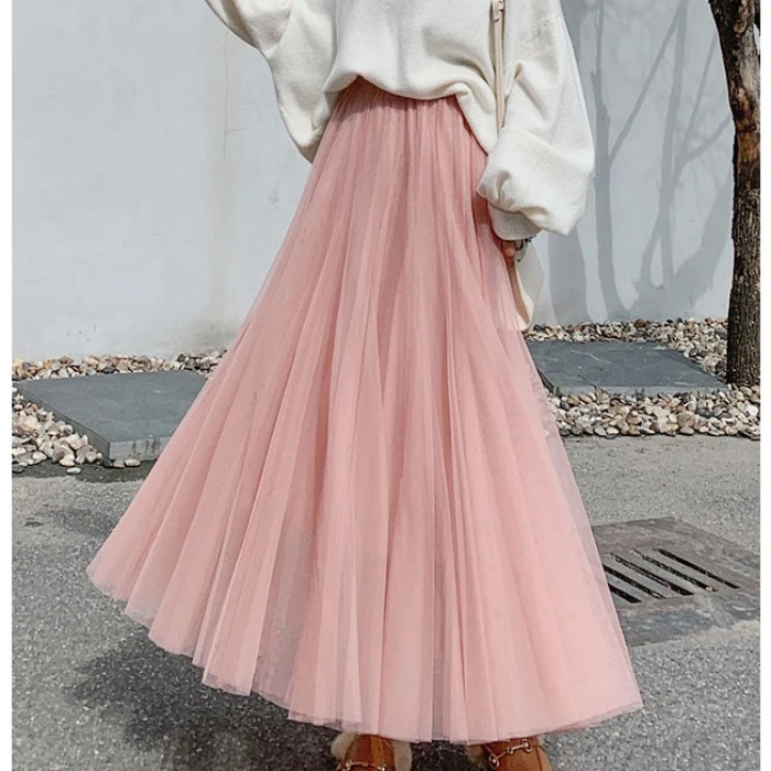 【有内衬】纱裙2025新款百褶裙中长款高腰百搭黑色遮胯仙女网纱裙