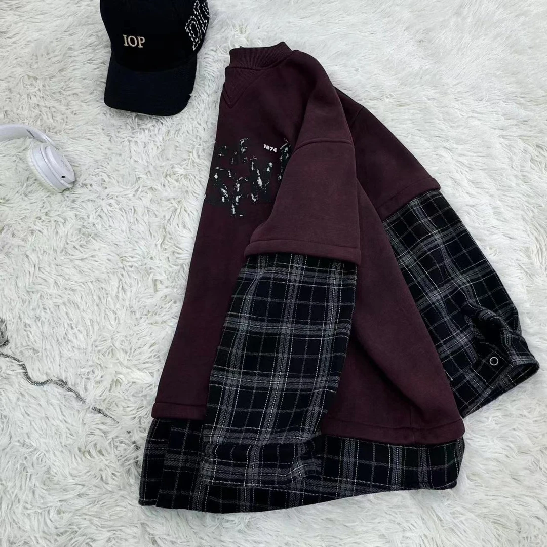 冬季格子加绒7709拼接时尚卫衣