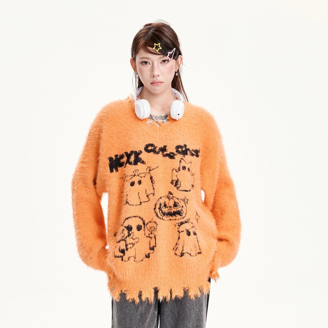 NCXK-800克可爱鬼提花V领毛衣不规则下摆破坏MY148