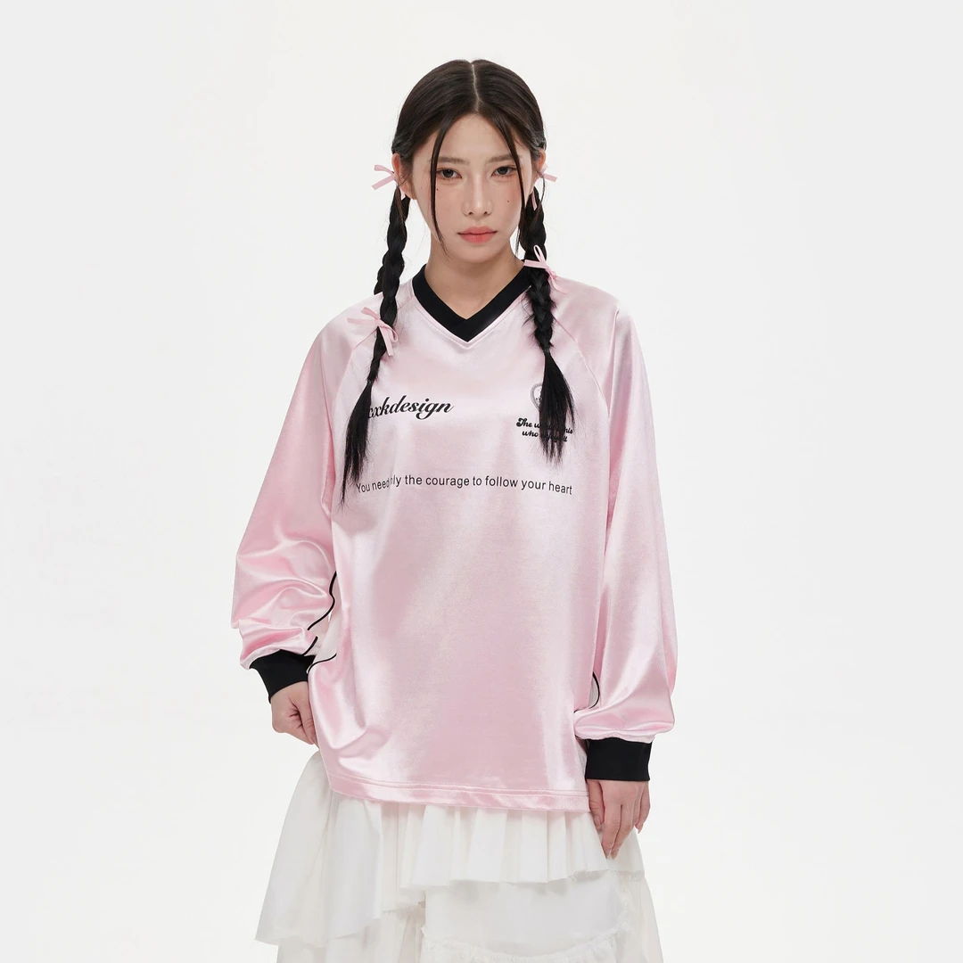 NCXK-美式缎面运动球衣插肩袖宽松拼接撞色字母V领长袖上衣CX226