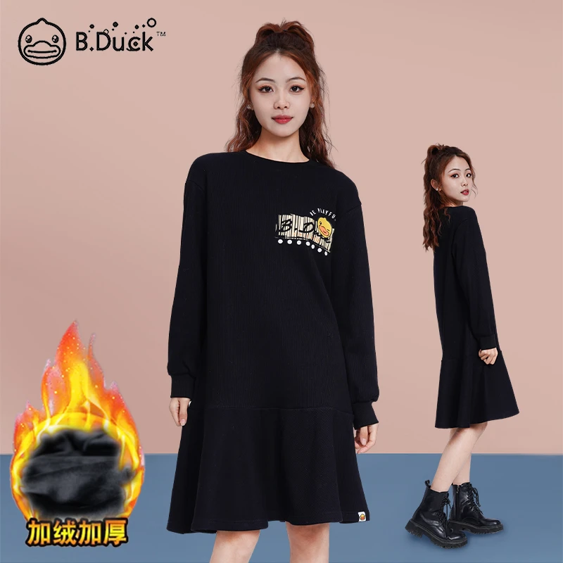 B.Duck小黄鸭秋冬季时尚气质鱼尾裙加绒加厚圆领洋气宽松连衣裙女