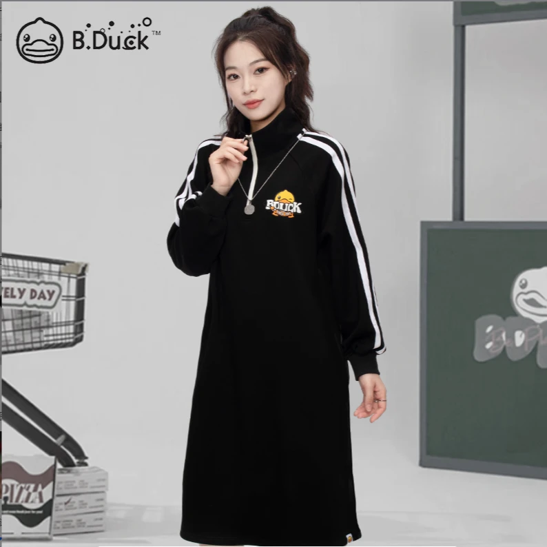B.Duck小黄鸭2025年秋季复古潮流拉链卫衣长裙时尚宽松休闲连衣裙