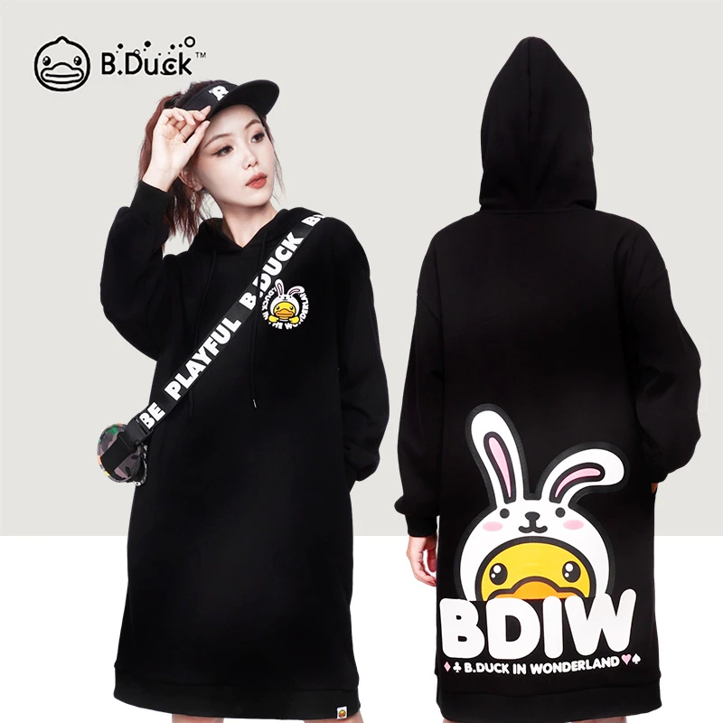 B.Duck小黄鸭2025年长袖连帽卫衣卡通兔子宽松长款休闲时尚连衣裙