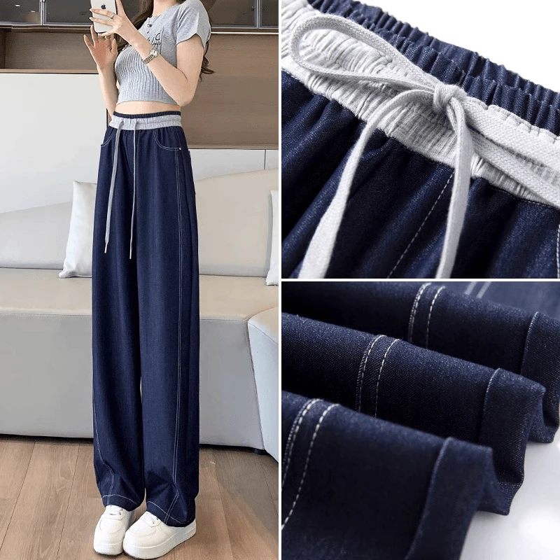 丹宁色冰丝牛仔裤女春夏秋款2024新款窄版高腰宽松垂感香蕉阔腿裤