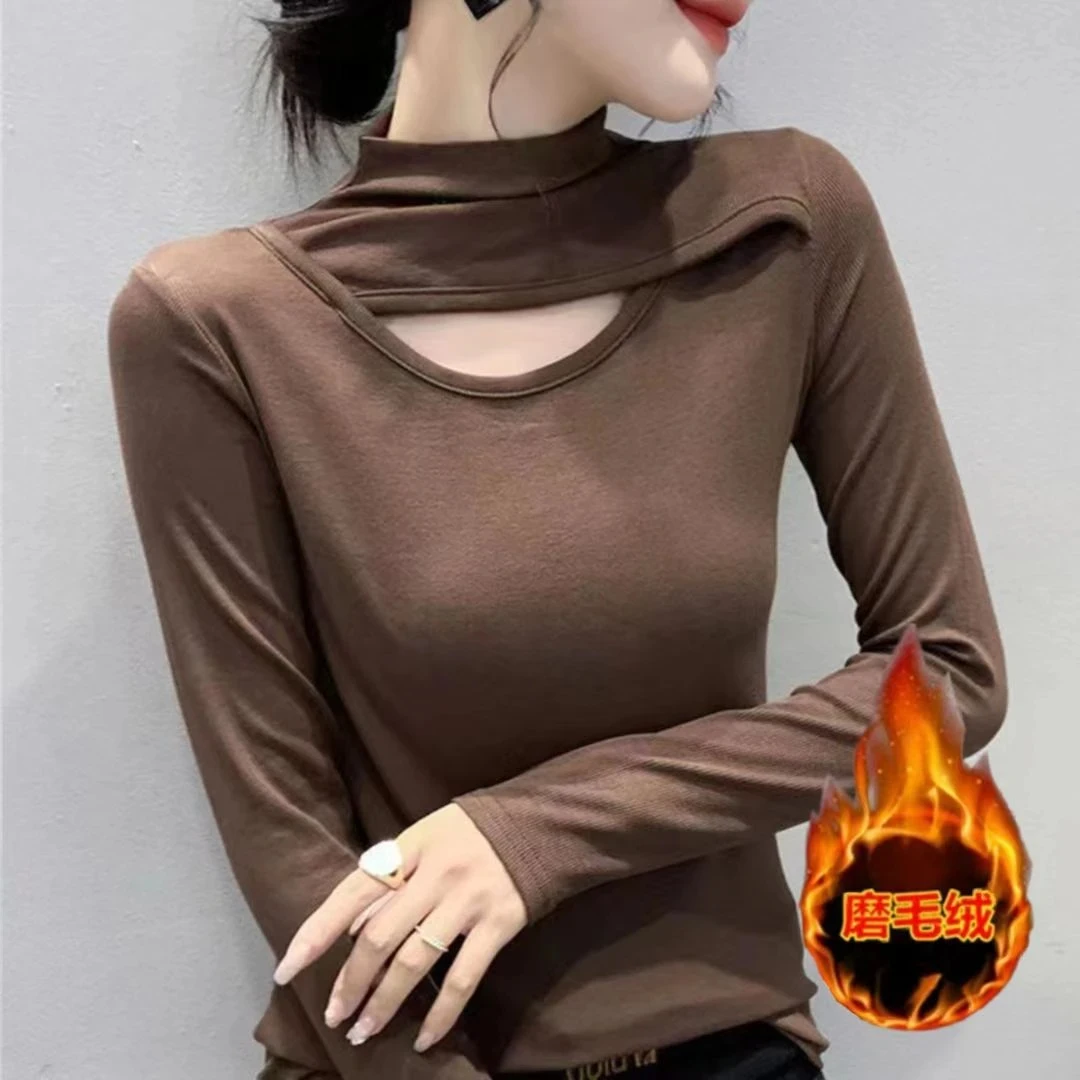秋冬新款德绒磨毛修身设计感内搭加厚半高领长袖镂空打底衫上衣