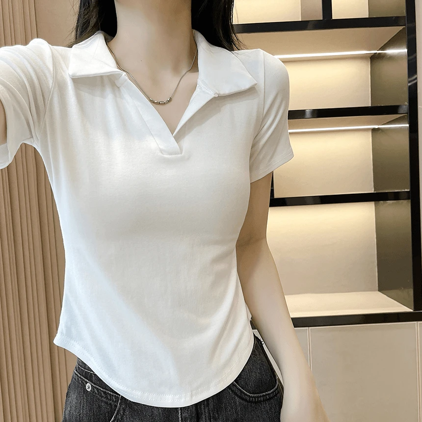 棉质纯欲小众polo衫正肩短袖t恤女夏季新款修身短款白色v领上衣潮
