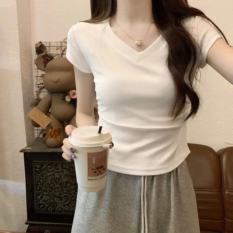 棉质设计感褶皱v领短款上衣正肩白色短袖t恤女装修身显瘦夏季新款