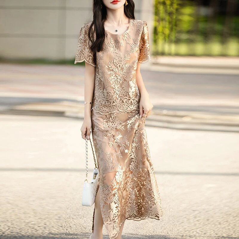 新款蕾丝两件套裙子时尚气质短袖高贵夏季国风中长款中国风优雅