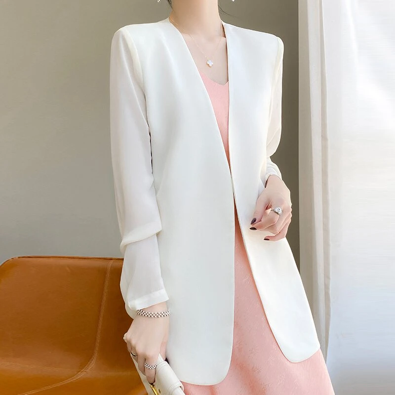 2023夏季新款醋酸西装白色时尚薄款长袖休闲百搭洋气外套配裙子