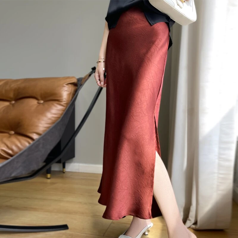 新款鱼尾缎面抓花显瘦半身裙开叉气质时尚包臀裙子鱼尾裙中式高腰