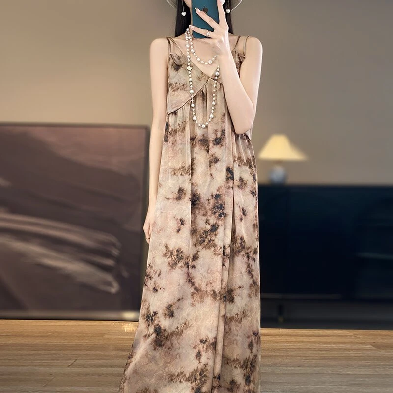 长裙吊带印花吊带连衣裙连衣裙夏季长款复古女装礼服显瘦气质时尚
