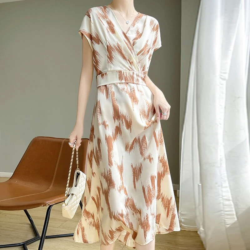 长裙套头丝滑晕染连衣裙洋气中长款印花碎花显瘦气质时尚夏季复古