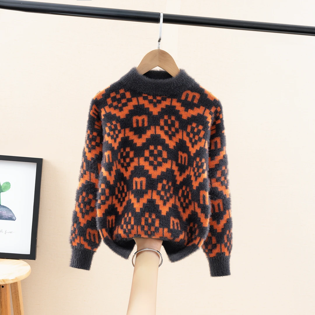 男童仿水貂绒半高领毛衣冬装2024新款洋气儿童提花百搭针织衫上衣