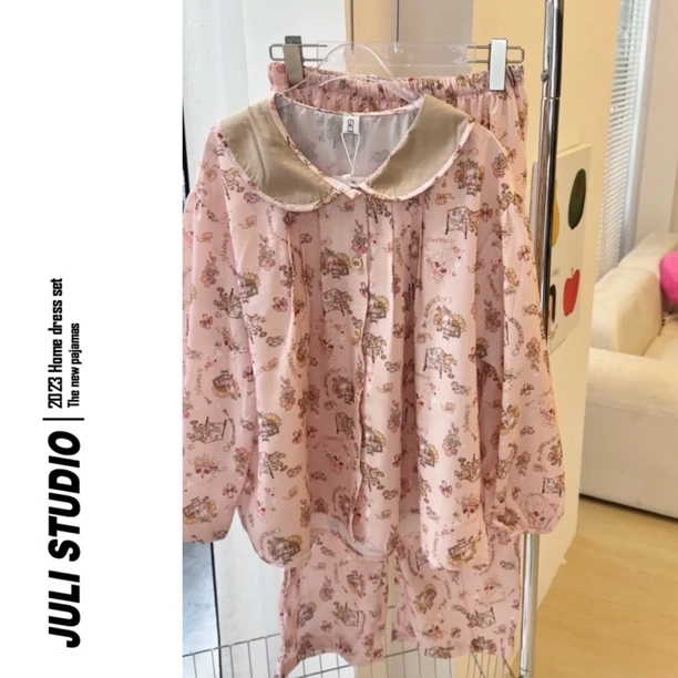 JULI<蛋糕小熊> 韩国娃娃领印花卡通长袖长裤睡衣套装家居服