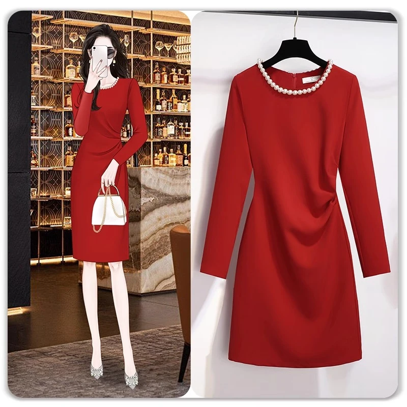 高端质感气质长袖红色连衣裙女2024秋装新款收腰显瘦法式修身裙子