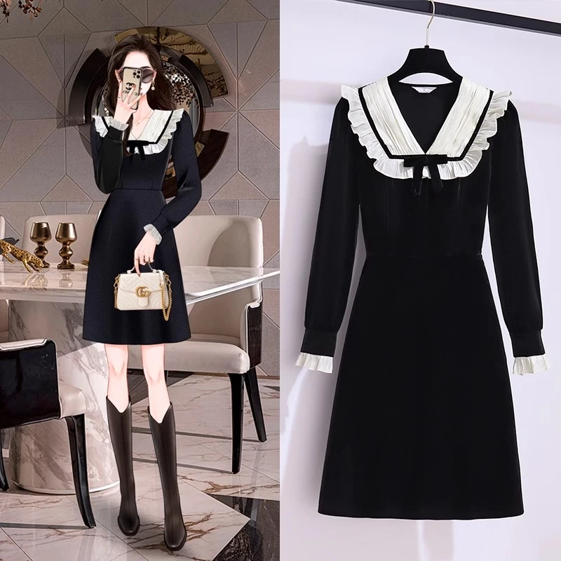 高级感小香风黑色丝绒连衣裙秋季2024新款气质礼服小个子法式裙子