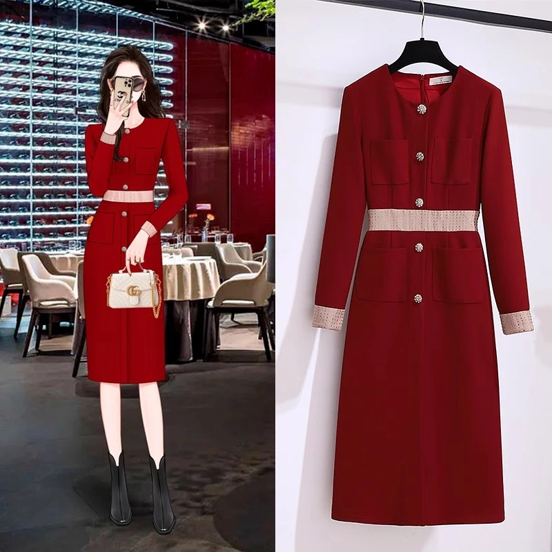 高级感礼服高端轻奢小众红色连衣裙秋季2024新款女装气质修身长裙