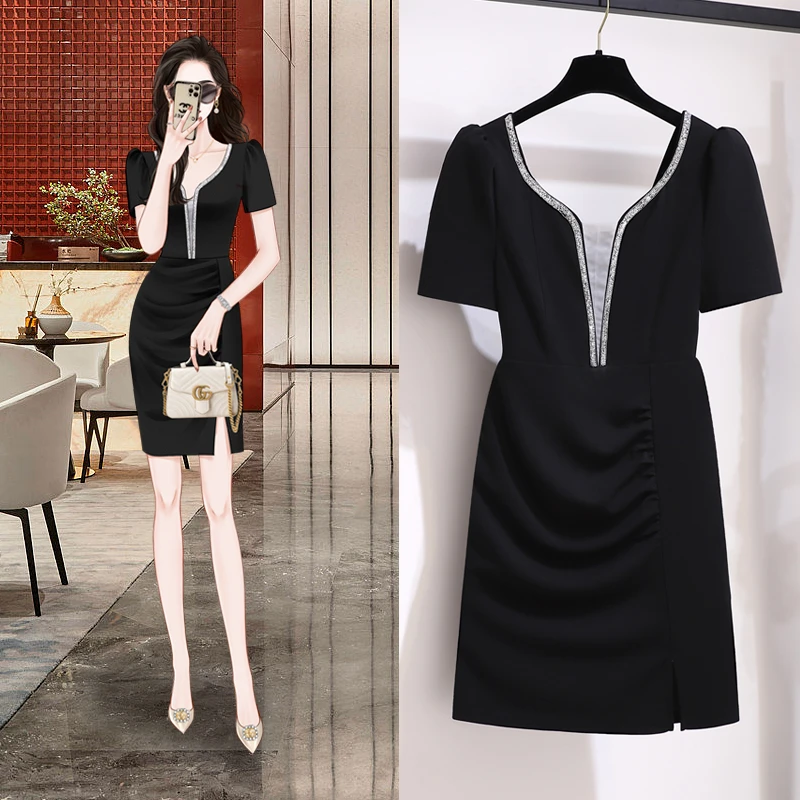 高级感轻奢包臀黑色连衣裙夏季2024新款女装气质名媛重工礼服裙子