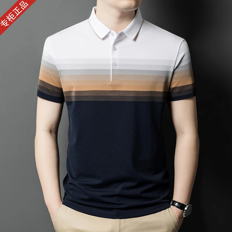 欧洲英伦轻奢夏季新男t恤短袖POLO衫条纹高档商务休闲百搭上衣潮