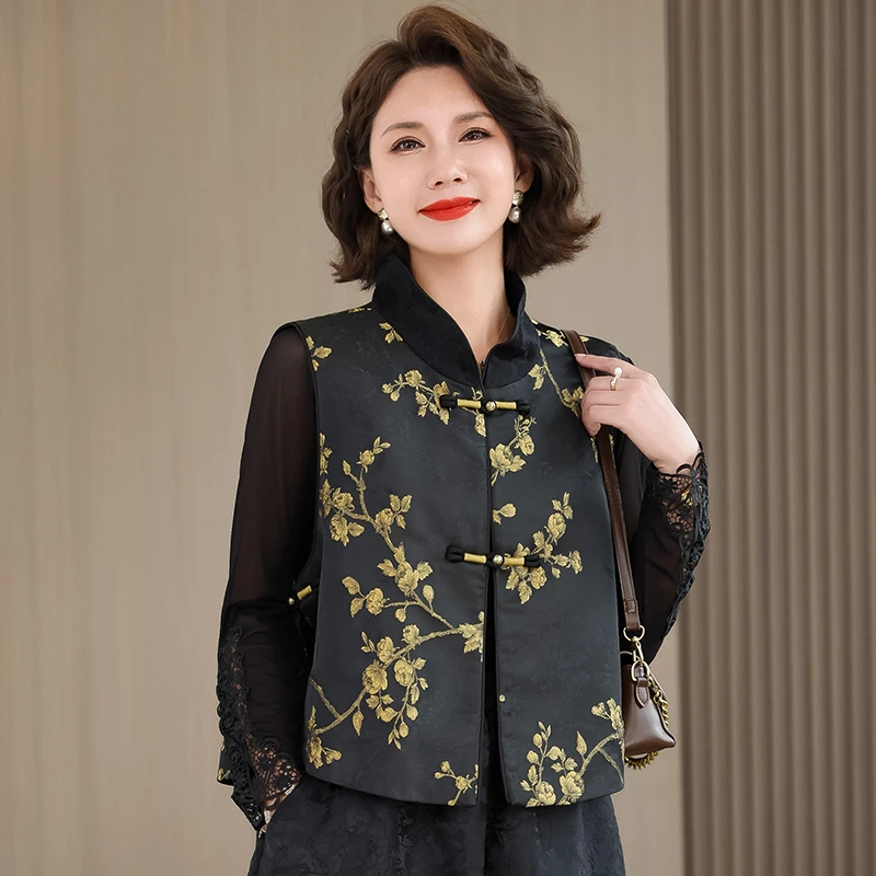 新中式无袖马甲女秋季新款复古刺绣上衣国风提花坎肩妈妈背心外套