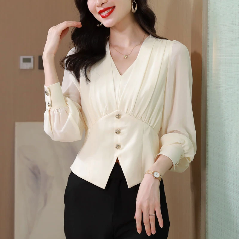小香风V领雪纺衬衫女秋季2024新款法式气质洋气卡腰短款长袖上衣