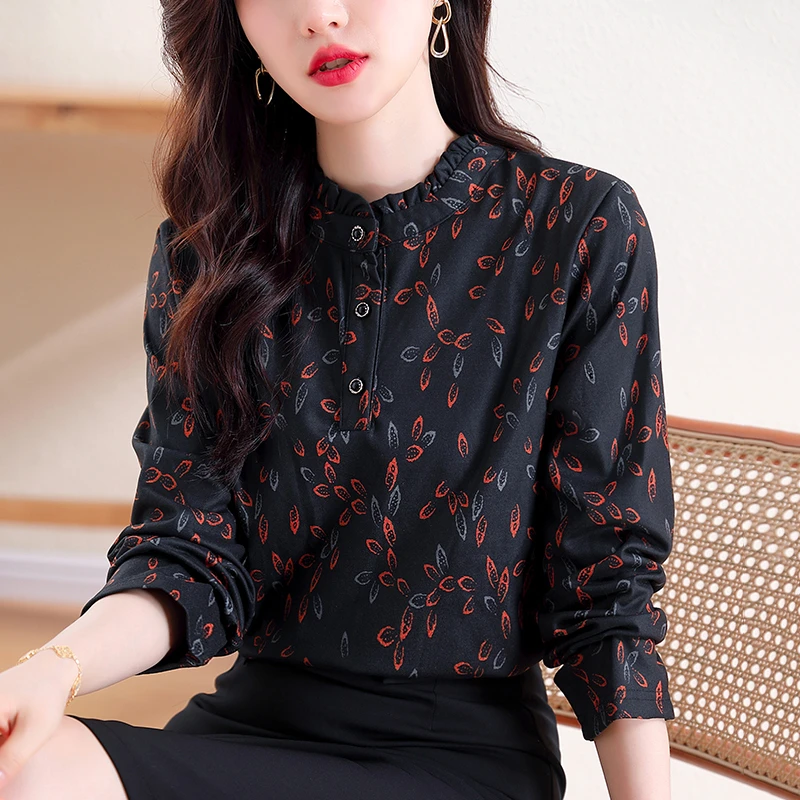 黑底碎花衬衫女秋装2024年新款洋气减龄遮肚显瘦休闲立领小衫上衣