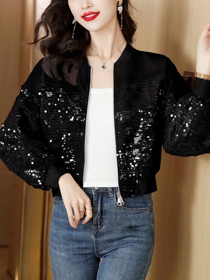 时尚黑色亮片夹克短外套女早秋季2025新款春秋宽松薄款休闲棒球服