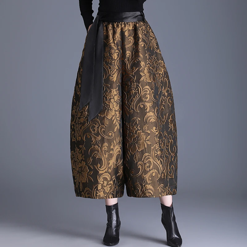 高端提花阔腿裤女秋冬新款加绒高腰九分花苞裤显瘦加厚休闲长裤子