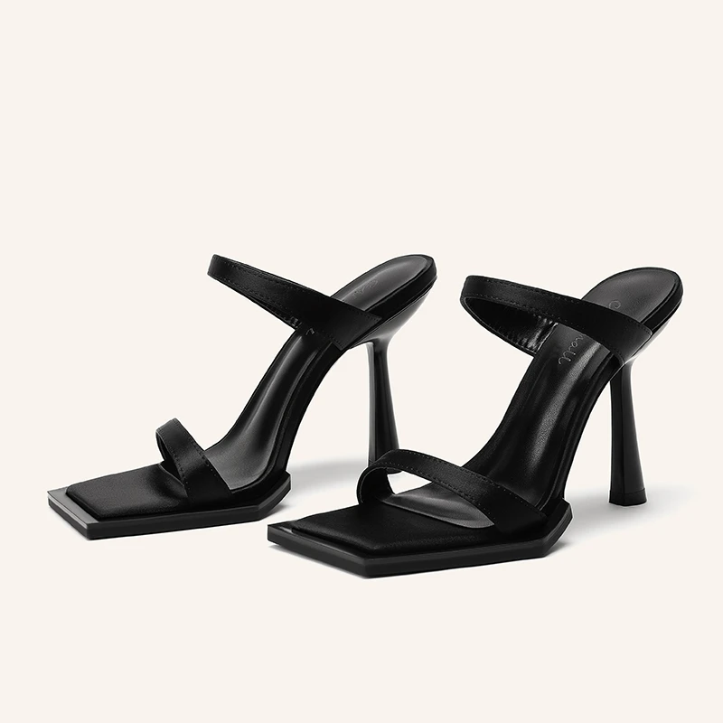 2025夏季新款一字带方头露趾高跟凉鞋女时尚酒杯跟宽底链条拖鞋女