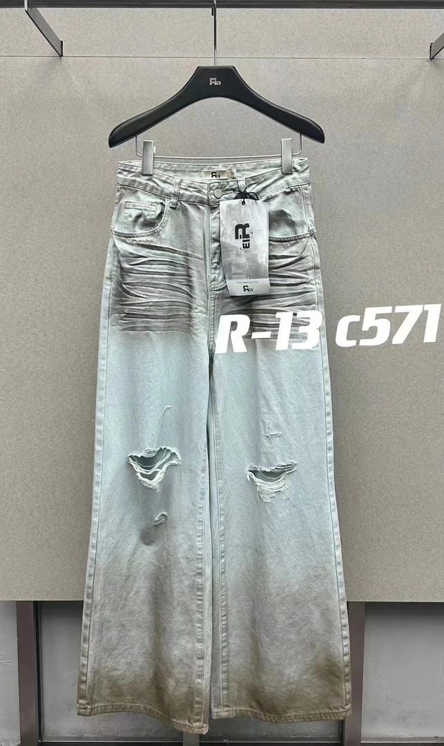 夏季时尚渐变破洞休闲直筒百搭高腰裤子牛仔裤水洗阔腿裤