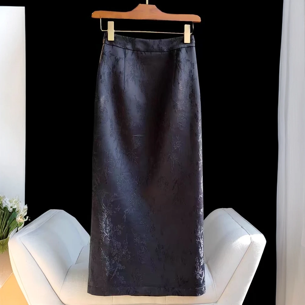 中式轻奢时尚长款开叉提花半身裙显瘦气质穿四季版高腰裙