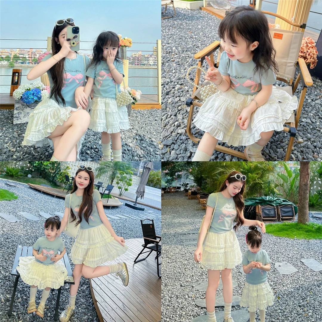 啦啦亲子装2024夏季短袖套装蕾丝短裙幼儿园亲子活动家庭装母女装