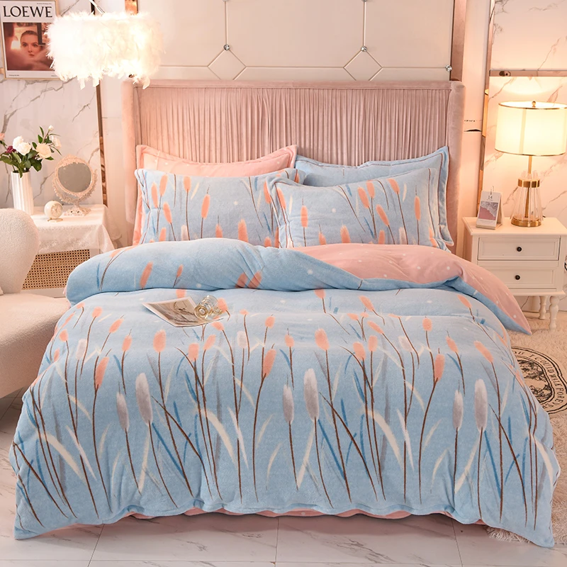 新款保暖加厚臻棉绒印花四件套双面牛奶绒床单被套三件套居家必备