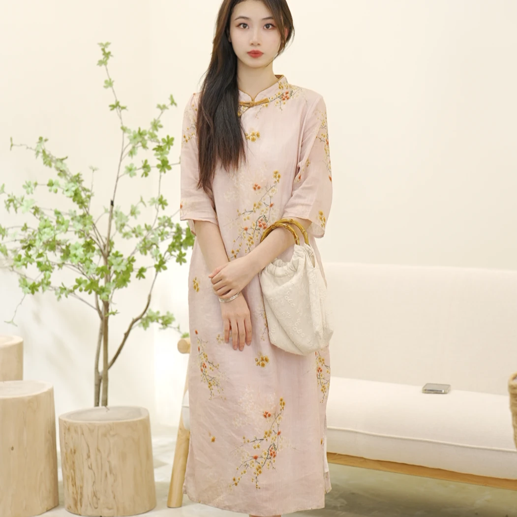 2023新款女装苎麻连衣裙国风改良立领旗袍裙子