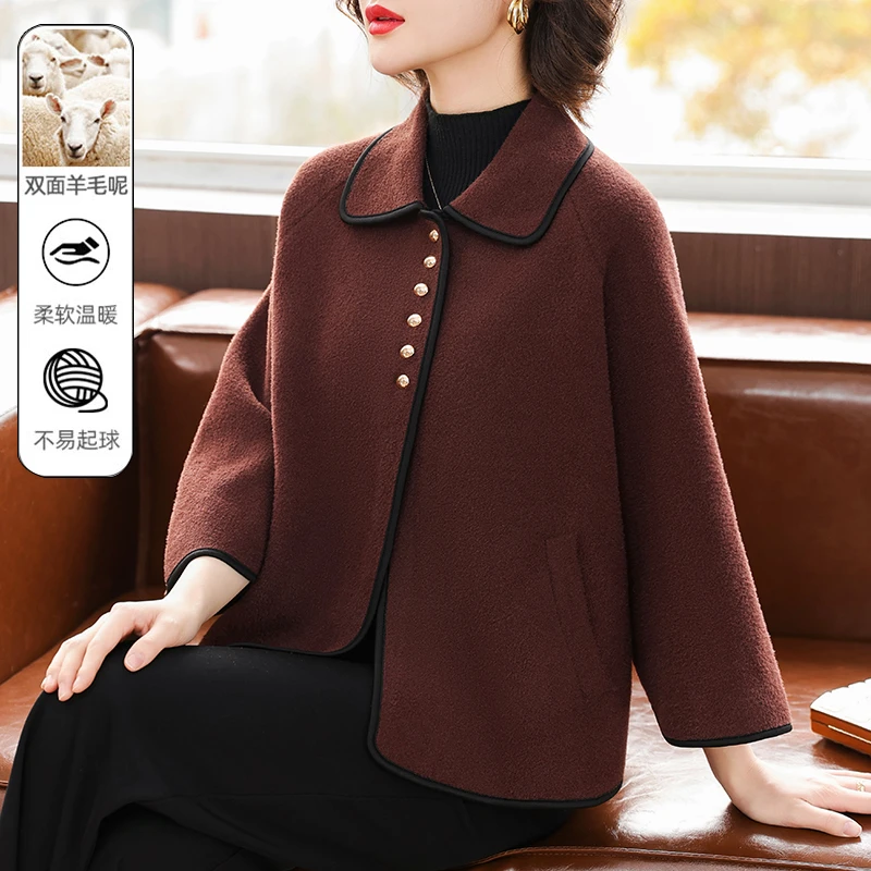 妈妈秋装外套洋气贵夫人短款毛呢子上衣中老年女士秋冬季毛呢开衫