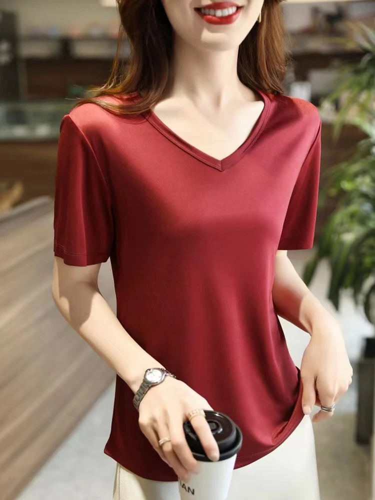 上衣高端t恤女短袖醋酸2024夏季正肩宽松高级感柔软白色冰丝体恤