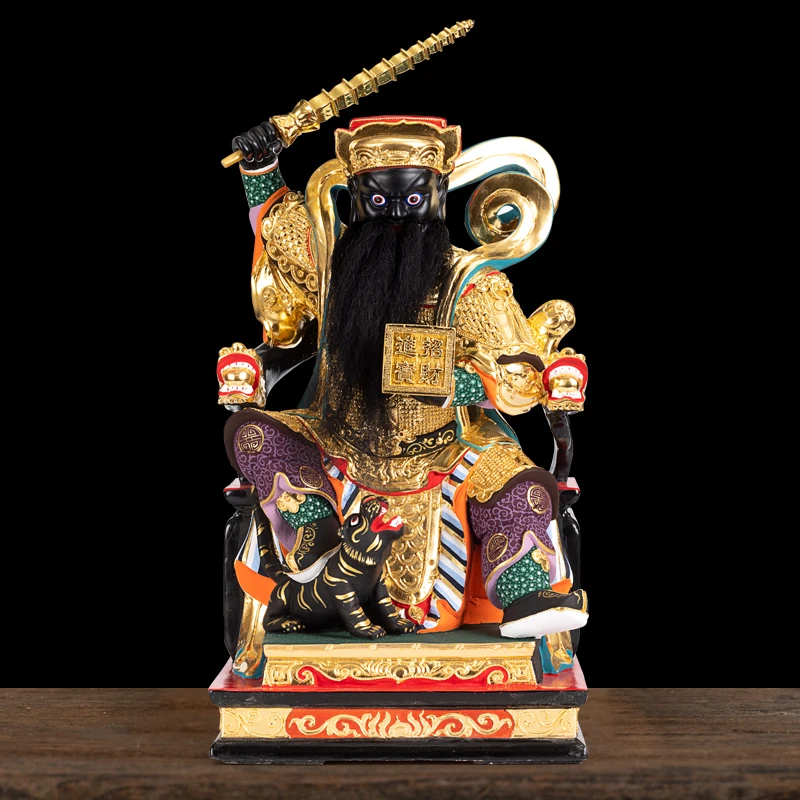 实木素金画布边坐龙椅赵公明武财神香樟木客厅木雕立体摆件