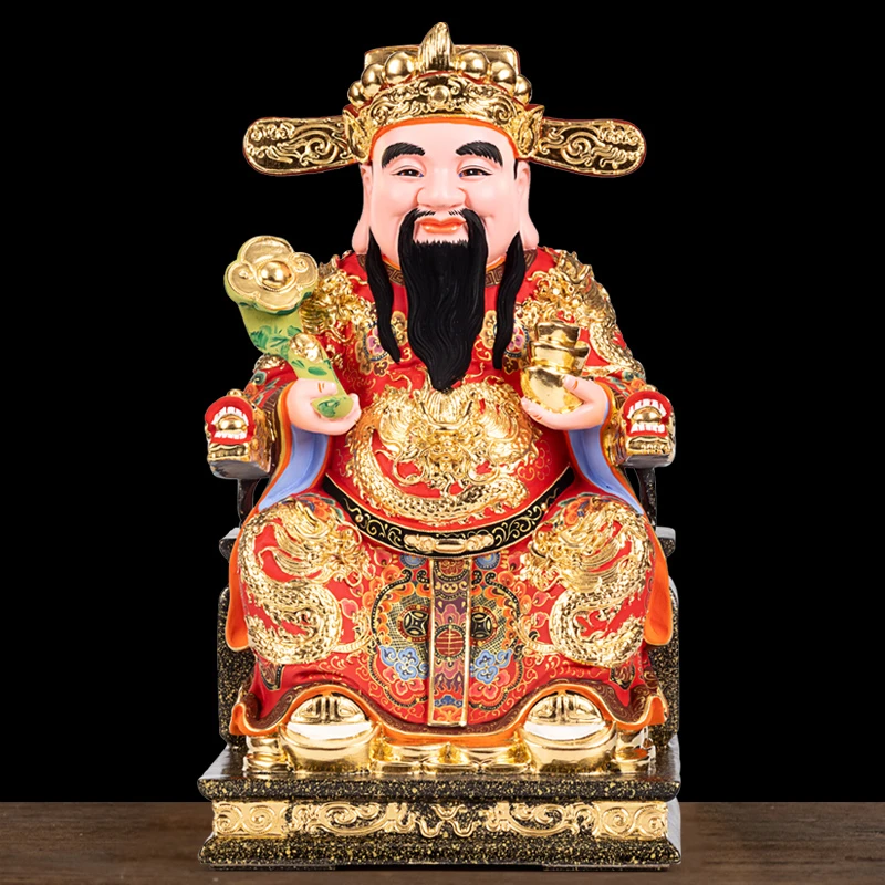 香樟木财神爷古彩工艺家用实木木雕客厅摆件
