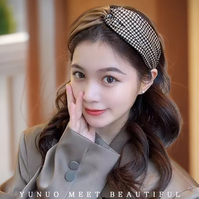 千鸟格发箍高颅顶法式复古黑白格头箍网红宽边压发气质发卡活动