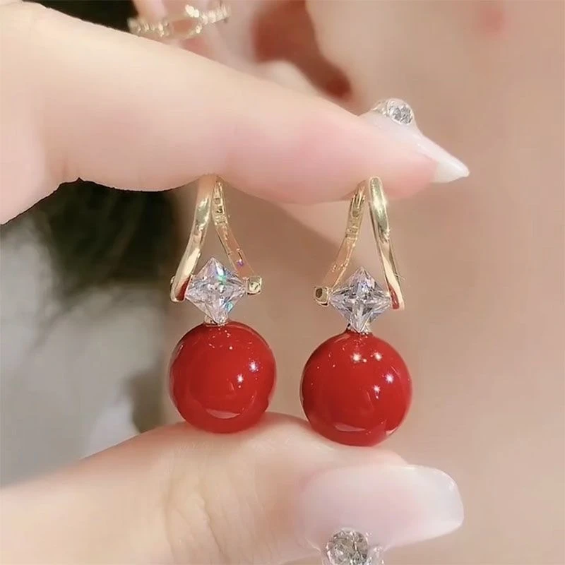 925银针耳环仿珍珠耳饰 精致小巧耳扣女小红色喜庆耳饰-77