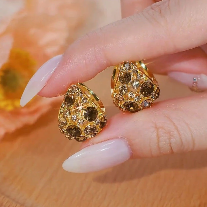 铜合金合成锆石耳饰 金灿灿金色水滴高级感时尚耳环