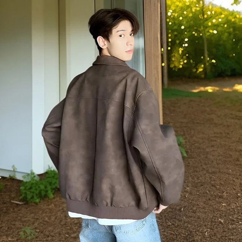棕咖色美拉德皮衣外套男款春季高级感痞帅机车夹克美式复古棒球服
