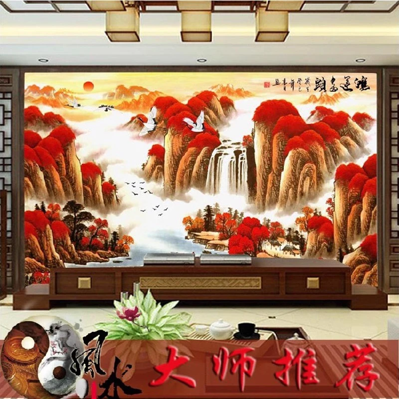 定制客厅鸿运当头壁布办公室3d立体山水中式电视背景墙墙贴画自粘