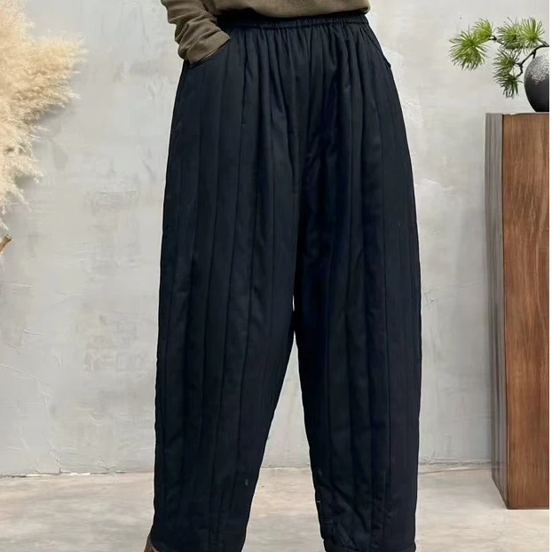 D 亚麻棉松紧腰压线夹棉加厚棉裤