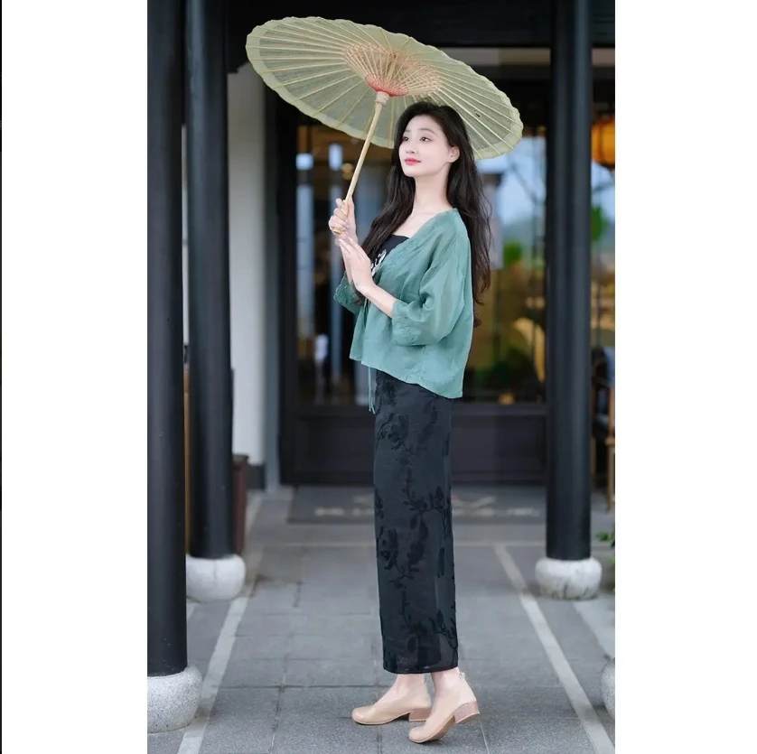 D2023秋冬开叉半身裙国风显瘦提花新中式夏季复古中长款裙子