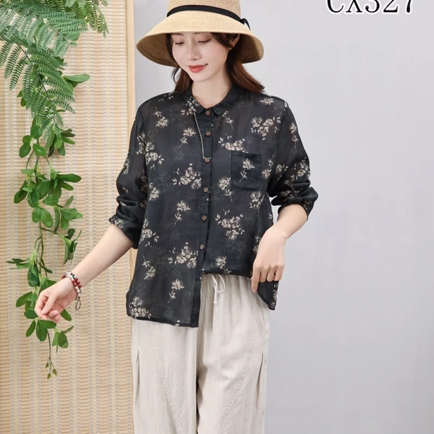 DM苎麻碎花春夏宽松休闲百搭POLO领衬衫